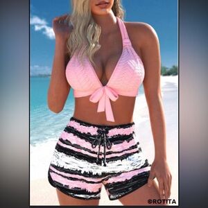 ROTITA Jacquard Bowknot Pink Striped‎ Bikini Set